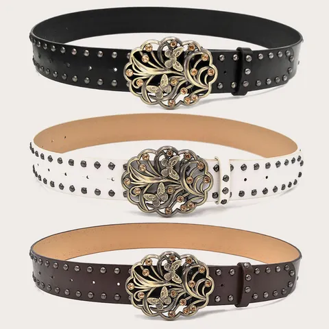 Women Punk Retro PU Leather Belt With Rhinestone Butterfly Metal Buckle And Metal Rivets Casual Pants Waist Belt