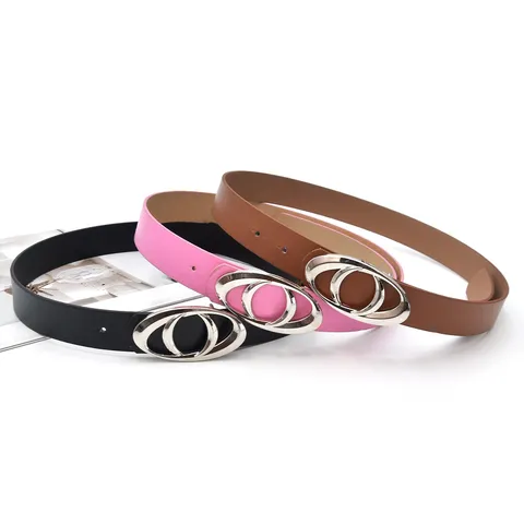 Women's Y2K Fashion PU Leather Belt Oval Double Ring Metal Buckle Casual Daily Waist Belt Jeans Dress Accessories
