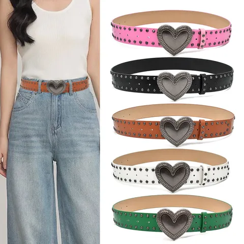 Women Men Fashion PU Leather Belt Vintage Heart Metal Buckle Rivet Punk Waist Belt Versatile Casual Waistband