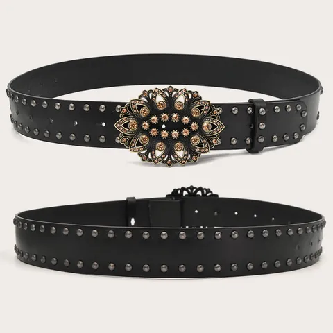 Retro Rhinestone Carved Embossed Women PU Leather Decorative Belt Alloy Buckle Waistband