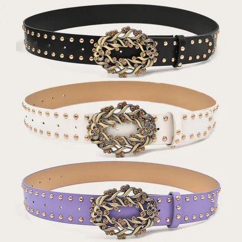 Women Retro PU Leather Belt Rhinestone Hollow Buckle Waistband With Metal Studs Fashion Casual Belt For Dress Jeans