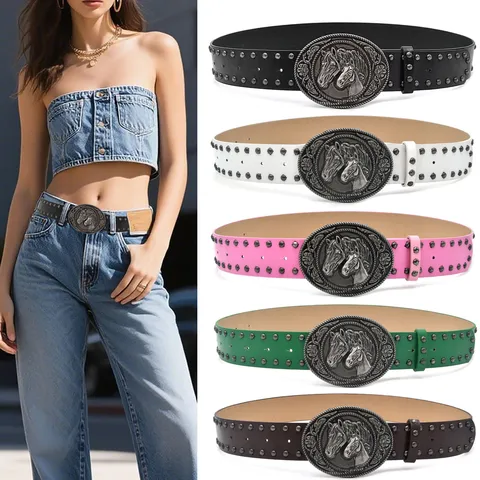 Y2K Retro Rivet Women PU Leather Belt Vintage Double Horse Buckle Casual Waist Belt For Jeans Skirt Fashion Accessories