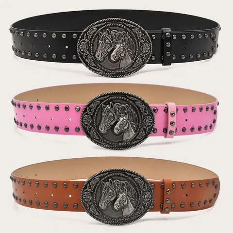 Y2K Retro Rivet Women PU Leather Belt Vintage Double Horse Buckle Casual Waist Belt For Jeans Skirt Fashion Accessories