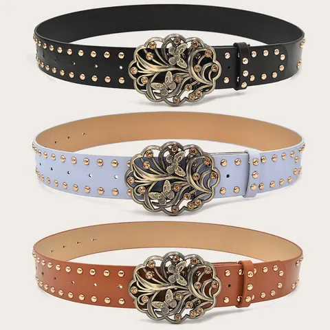 Women Punk Retro PU Leather Belt With Rhinestone Butterfly Metal Buckle And Metal Rivets Casual Pants Waist Belt