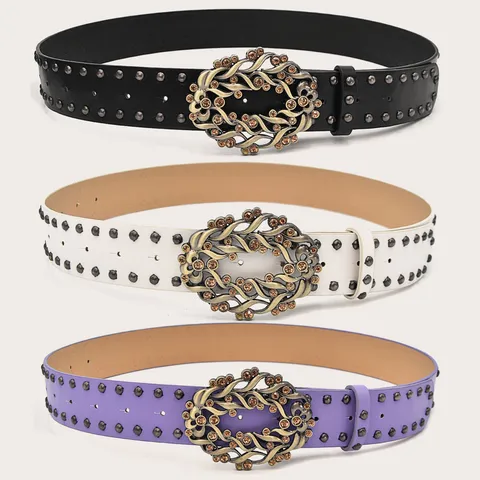 Women Retro PU Leather Belt Rhinestone Hollow Buckle Waistband With Metal Studs Fashion Casual Belt For Dress Jeans