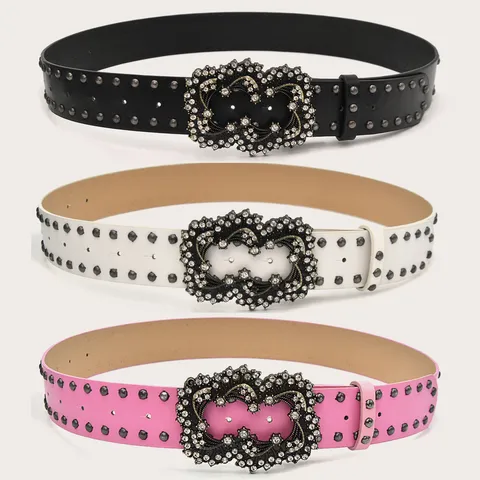 Women Fashion Punk Style Wide PU Leather Belt With Rhinestone Double Ring Metal Buckle Rivet Casual Jeans Waist Belt