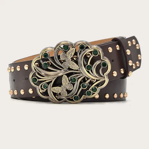 Women PU Leather Wide Belt Y2K Punk Vintage Waist Belt With Metal Rivets Rhinestone Butterfly Buckle Fashion