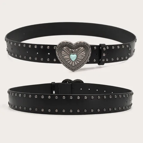 American Retro Women PU Leather Belt Punk Style Metal Rivet Heart Turquoise Buckle Y2K Fashion Waist Belt