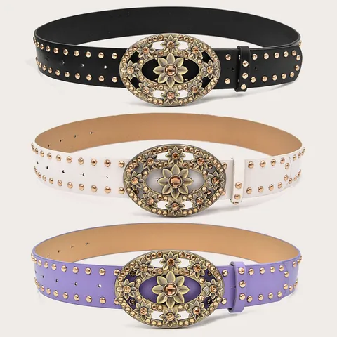 Women Retro PU Leather Belt Floral Rhinestone Inlaid Smooth Buckle Metal Rivet Decorative Waist Belt Fashion Accessories