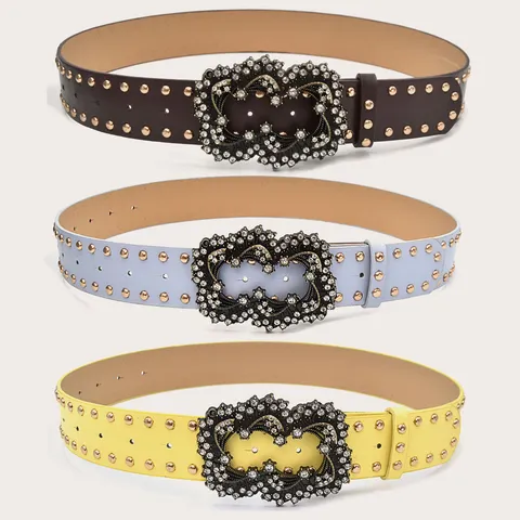 Women Fashion Punk Style Wide PU Leather Belt With Rhinestone Double Ring Metal Buckle Rivet Casual Jeans Waist Belt
