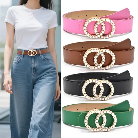 Women Fashion PU Leather Belt Sweet Pearl Inlaid Double Round Ring Buckle Casual Dress Jeans Waist Belt