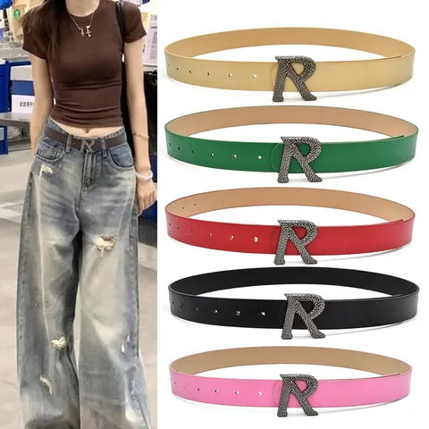 Women Casual PU Leather Belt Minimalist Waistband With Alloy Letter Buckle