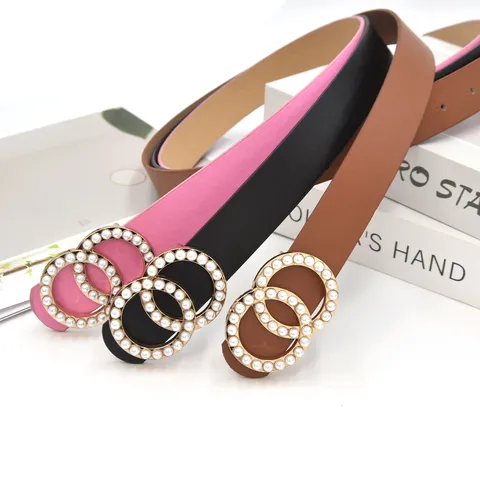 Women Fashion PU Leather Belt Sweet Pearl Inlaid Double Round Ring Buckle Casual Dress Jeans Waist Belt