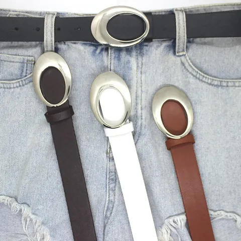 Women Fashion PU Leather Belt Elegant Oval Hollow Metal Buckle Casual Dress Jeans Waist Belt