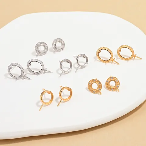 Bases para Pendientes de Botón Redondos de Plata de Ley 925 Con Strass Incrustados DIY Joyería Para Perla Gema Mujer Accesorios Retro