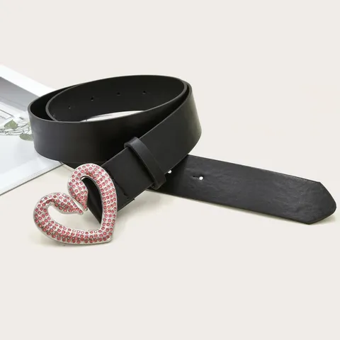 Women Fashion PU Leather Belt Rhinestone Heart Buckle Casual Jeans Dress Waist Belt Accessories