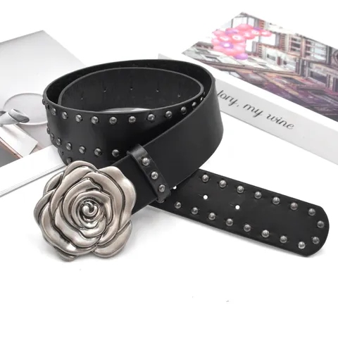 Punk Retro Rozenbloem Metalen Klinknagels PU Leer Riem Vrouwen Mode Casual Verstelbare Tailleband Gotische Stijl Riem