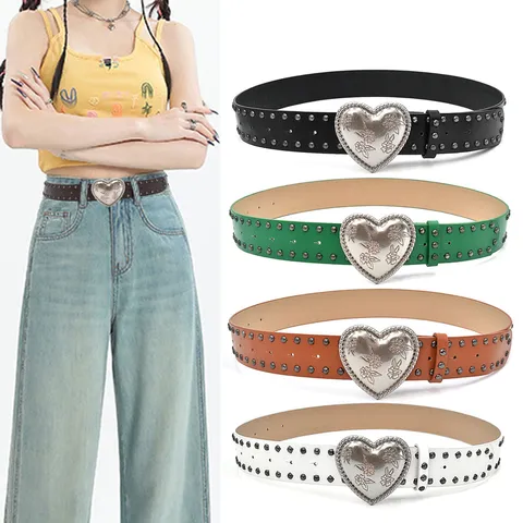 Women Punk Style PU Leather Waist Belt Double-Row Metal Rivets Heart Carved Buckle Casual Jeans Belt