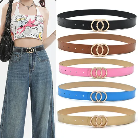 Women Fashion PU Leather Belt Double Circle Pearl Snap Buckle Minimalist Versatile Casual Waist Belt For Jeans Dress