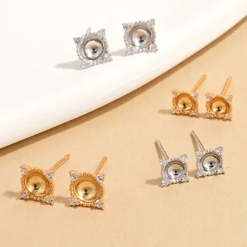 Monturas para Pendientes de Botón de Plata de Ley 925 Zirconia Cuadrada Accesorios de Joyería DIY para Incrustación de Perlas y Gemas Componentes Mujer