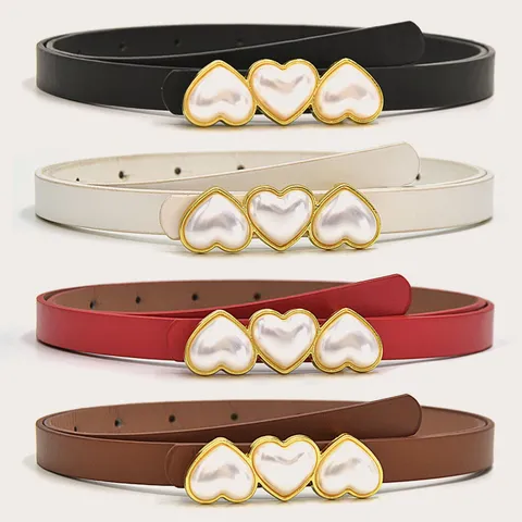 Women Fashion PU Leather Belt Minimalist Heart Artificial Pearl Metal Buckle Dress Belt Casual Waist Accessory