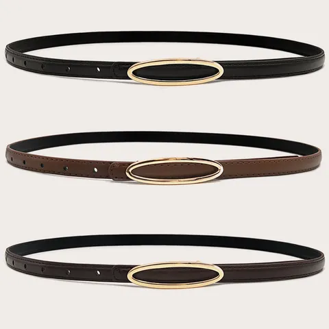 Women's Casual PU Leather Belt Minimalist Thin Waist Belt Gold Oval Metal Buckle Fashion Dress Jeans Accessories