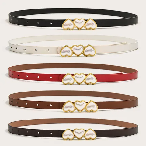 Women Fashion PU Leather Belt Minimalist Heart Artificial Pearl Metal Buckle Dress Belt Casual Waist Accessory