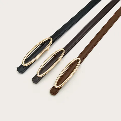Women's Casual PU Leather Belt Minimalist Thin Waist Belt Gold Oval Metal Buckle Fashion Dress Jeans Accessories