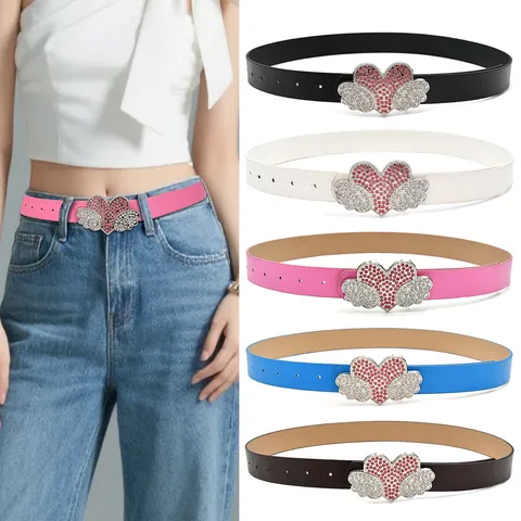 Women Y2K Rhinestone Heart Wing Buckle PU Leather Belt Fashion Casual Dress Jeans Waist Belt Accessory