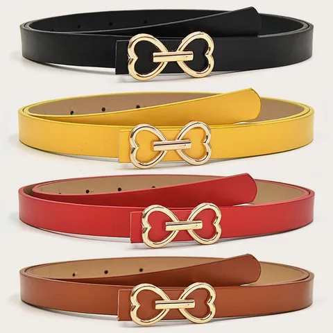 Women Fashion PU Leather Belt Minimalist Heart Shaped Metal Buckle Versatile Thin Waist Belt For Jeans Pants Shorts