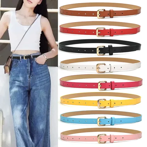 Women Minimalist PU Leather Belt Slim Dress Belt With Gold Silver Pin Buckle Casual Fashion Waist Belt For Daily Wear