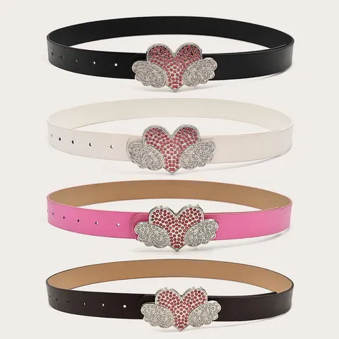 Women Y2K Rhinestone Heart Wing Buckle PU Leather Belt Fashion Casual Dress Jeans Waist Belt Accessory