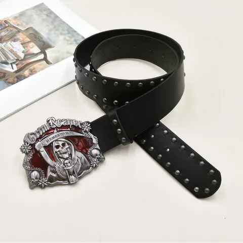 American Retro Punk Style Belt Unisex PU Leather Skull Buckle Metal Studs Cool Streetwear Waist Belt