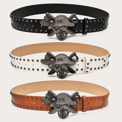 Women Punk Y2K Wide Waist Belt PU Leather Rhinestone Pirate Skull Rivet Rock Pants Belt Fashion Accessories