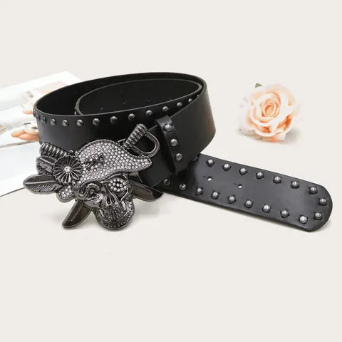 Women Punk Y2K Wide Waist Belt PU Leather Rhinestone Pirate Skull Rivet Rock Pants Belt Fashion Accessories