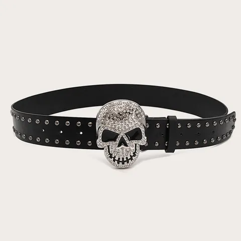 Punk Hip Hop PU Leather Belt With Rhinestone Skull Metal Buckle Double Prong Rivet Casual Jeans Waist Belt For Women Men