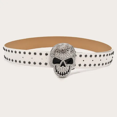 Punk Hip Hop PU Leather Belt With Rhinestone Skull Metal Buckle Double Prong Rivet Casual Jeans Waist Belt For Women Men