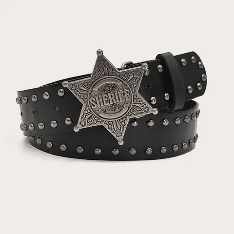 Punk Style Women PU Leather Belt Y2K Vintage Metal Star Sheriff Badge Buckle Double Grommet Rivet Jeans Waist Belt
