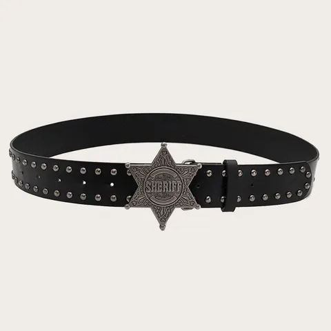 Punk Style Women PU Leather Belt Y2K Vintage Metal Star Sheriff Badge Buckle Double Grommet Rivet Jeans Waist Belt