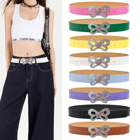 Women Fashion PU Leather Belt Rhinestone Heart Bowknot Buckle Waistband Casual Jeans Dress Decorative Waist Belt