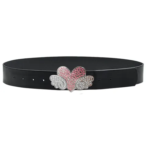 Y2K Fashion Rhinestone Heart Wing Buckle PU Leather Belt Women Casual Jeans Dress Decorative Waist Belt