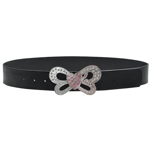 Women Fashion PU Leather Belt Rhinestone Heart Bowknot Buckle Waistband Casual Jeans Dress Decorative Waist Belt