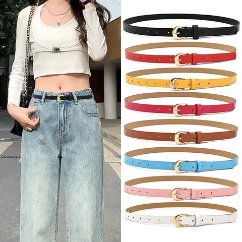 Women Fashion Minimalist PU Leather Belt Casual Dress Jeans Decorative Thin Waistband Gold Tone Pin Buckle Waist Belt