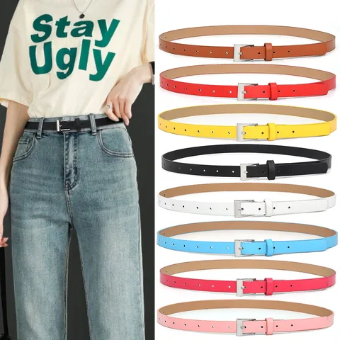 Women's Fashion Casual Simple Small Square Buckle PU Leather Belt Candy Color Versatile Dress Coat Thin Waist Belt