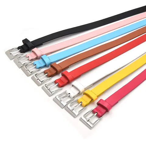 Women's Fashion Casual Simple Small Square Buckle PU Leather Belt Candy Color Versatile Dress Coat Thin Waist Belt