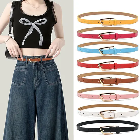 Women's Thin PU Leather Belt Minimalist Casual Dress Jeans Belt With Alloy Pin Buckle Fashion Waist Accessory