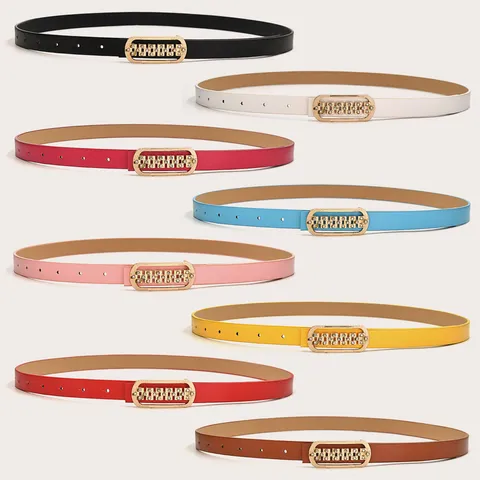 Women PU Leather Thin Belt With Rhinestone Geometric Buckle Versatile Casual Dress Pants Waist Belt Accessories