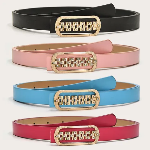 Women PU Leather Thin Belt With Rhinestone Geometric Buckle Versatile Casual Dress Pants Waist Belt Accessories