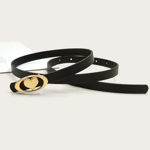 Women Fashion Thin PU Leather Belt Gold Heart Metal Buckle Dress Suit High Waist Pants Belt Minimalist Waistband