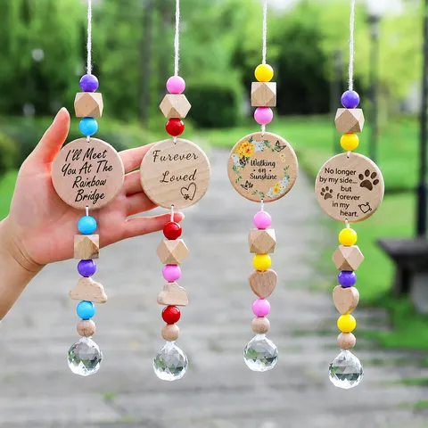 Atrapasueños de Madera y Cristal Conmemorativo para Mascotas Campanilla de Viento Decoración de Jardín Colgante Grabado Rainbow Bridge